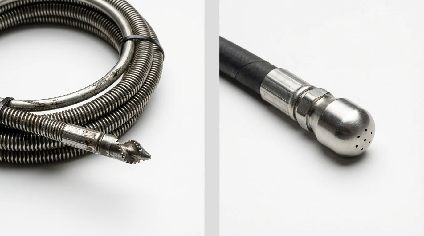 Drain snake cable and hydro jetting nozzle used for drain cleaning in Ione, CA