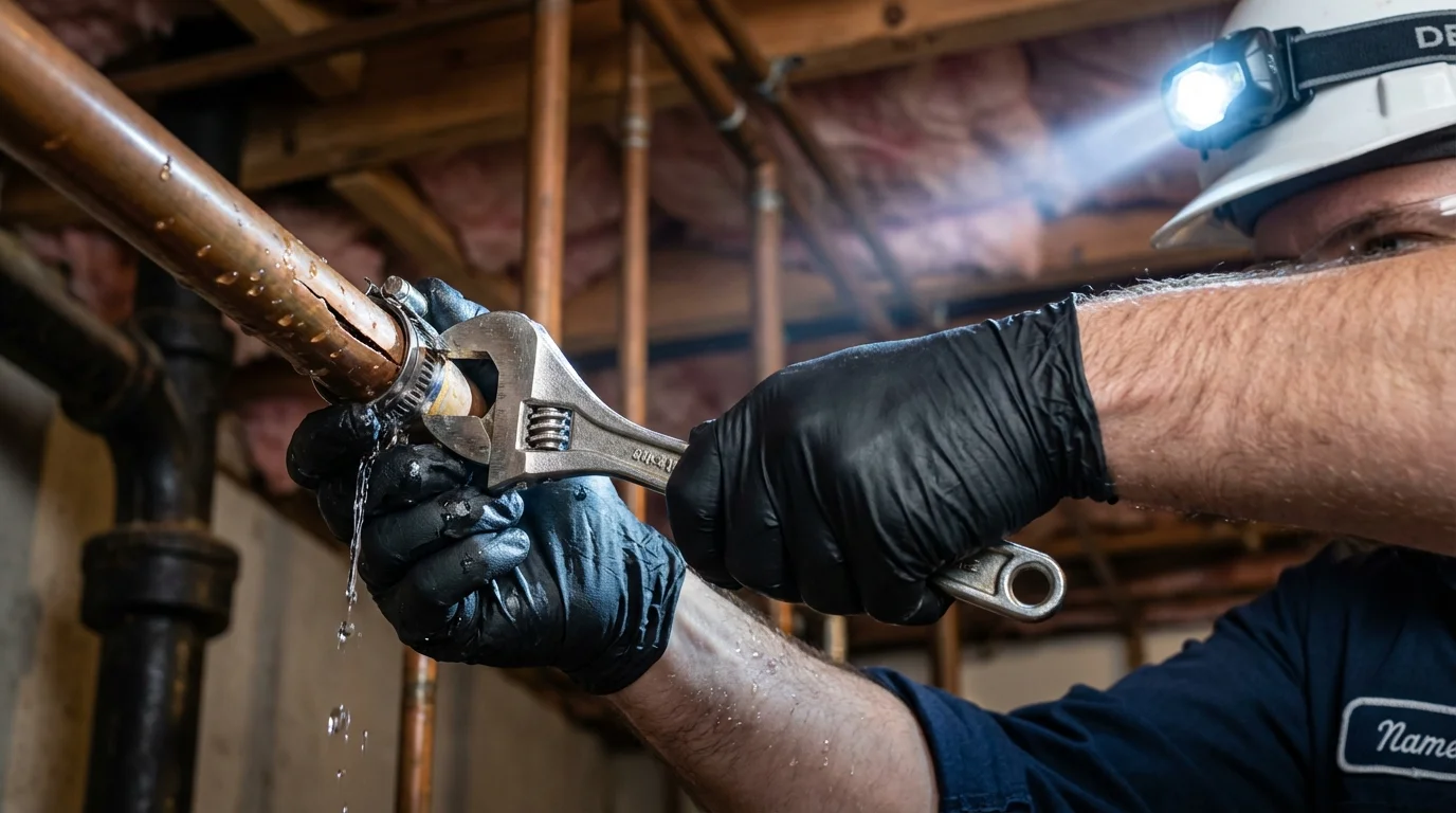 Emergency pipe clamp repair being performed by a Johns Plumbing LLC plumber in Ione