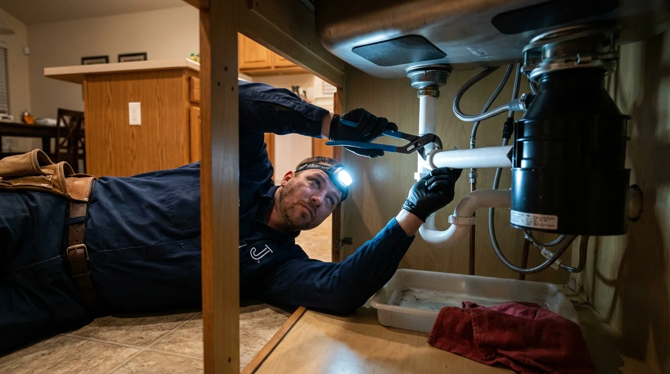 P-trap and supply line connections under a kitchen sink showing a common leak point in Ione, CA